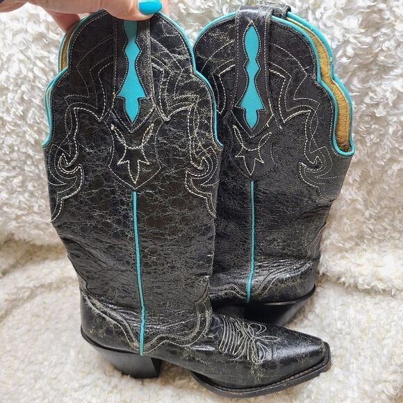 J.B. Dillon Womens Distressed‎ Crackled Black and Turquoise Western Boots - Picture 5 of 8